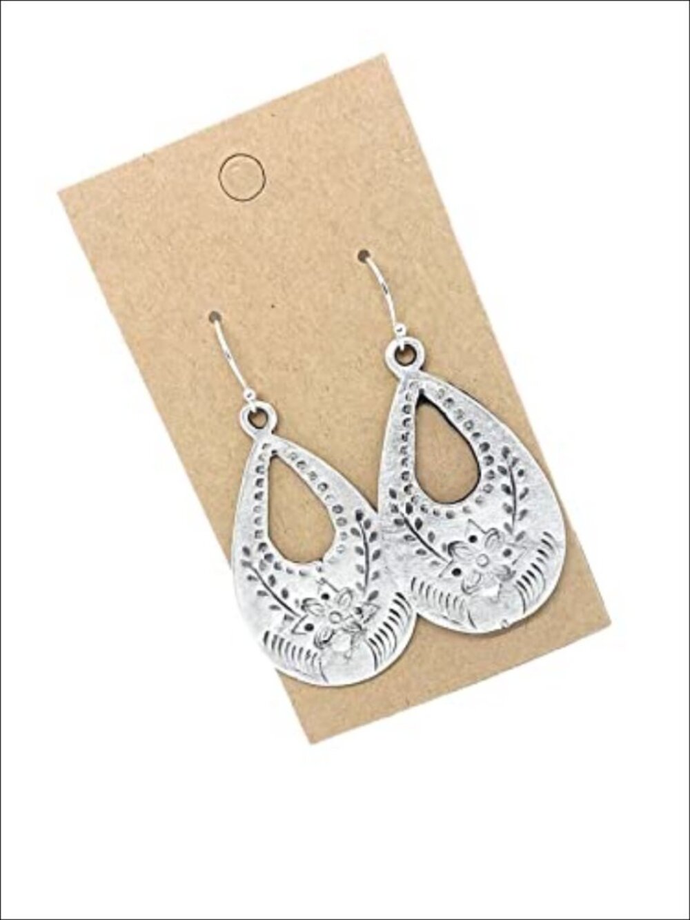 Antique Silver Floral Stamp Teardrop on Sterling Silver Earrings Boho Handmade